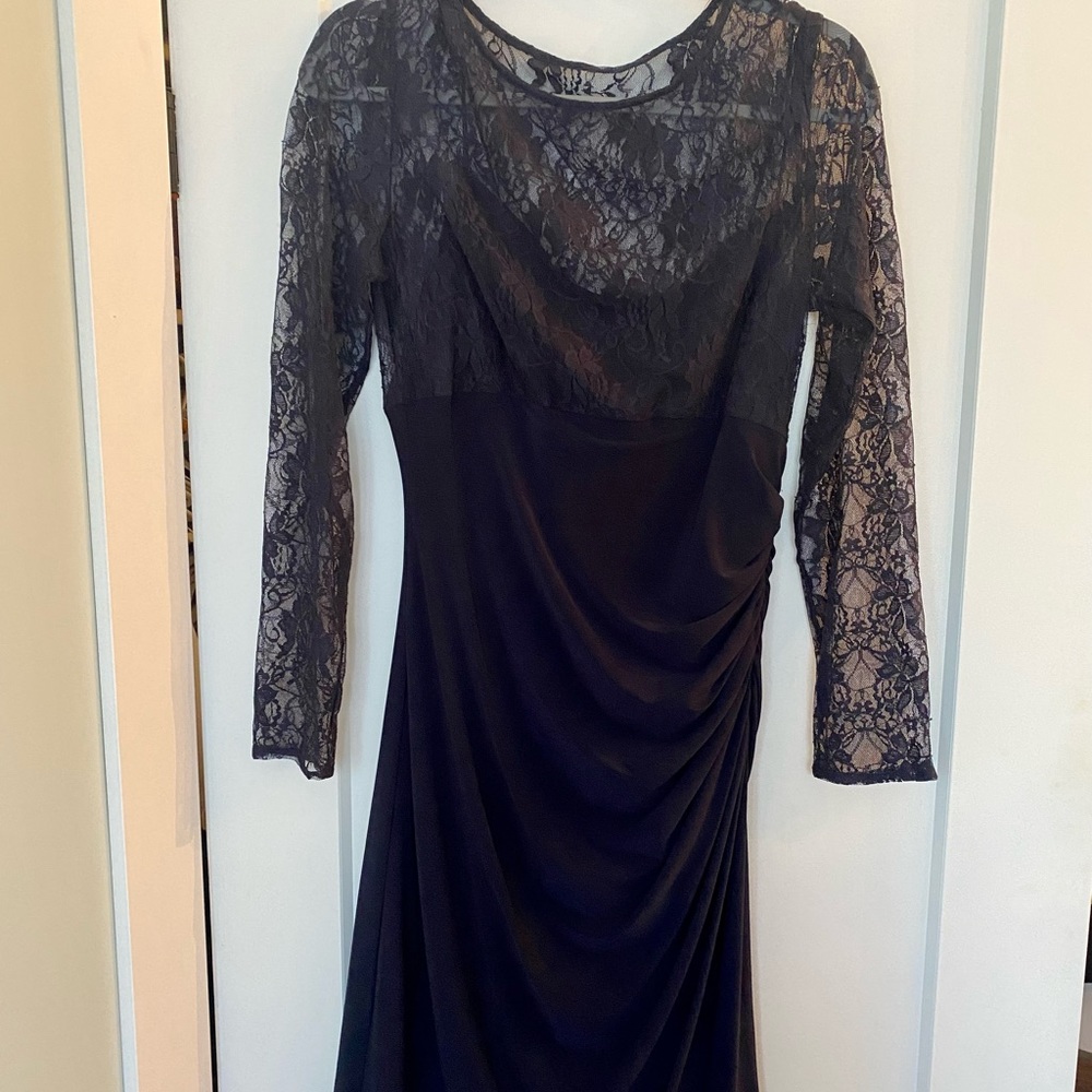 Navy lace dress with ruching.